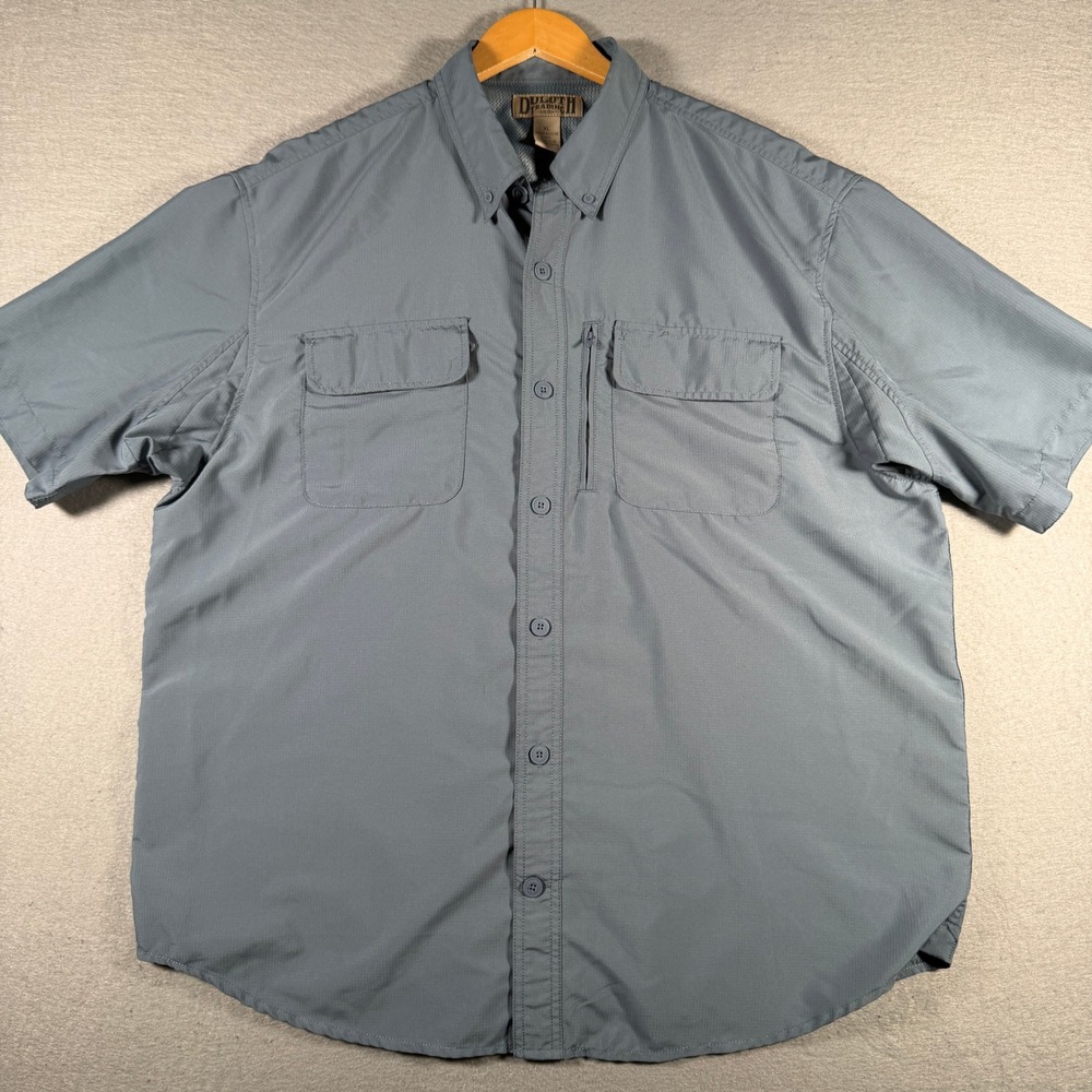 Duluth Trading Co Mens XL Gray Blue Ripstop Short Sleeve Button Down Shirt 81007